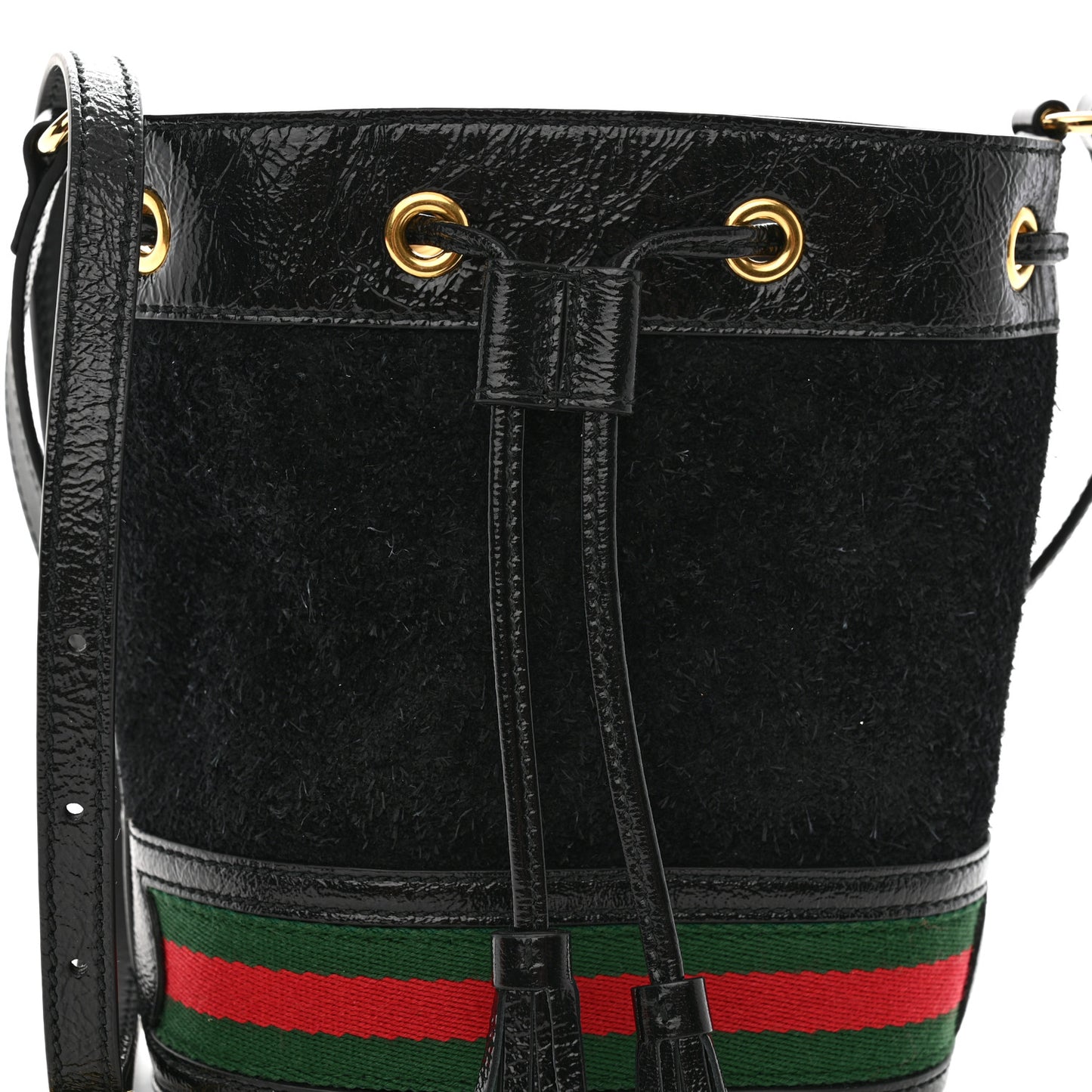 Suede Patent Web Mini Ophidia Bucket Bag Black