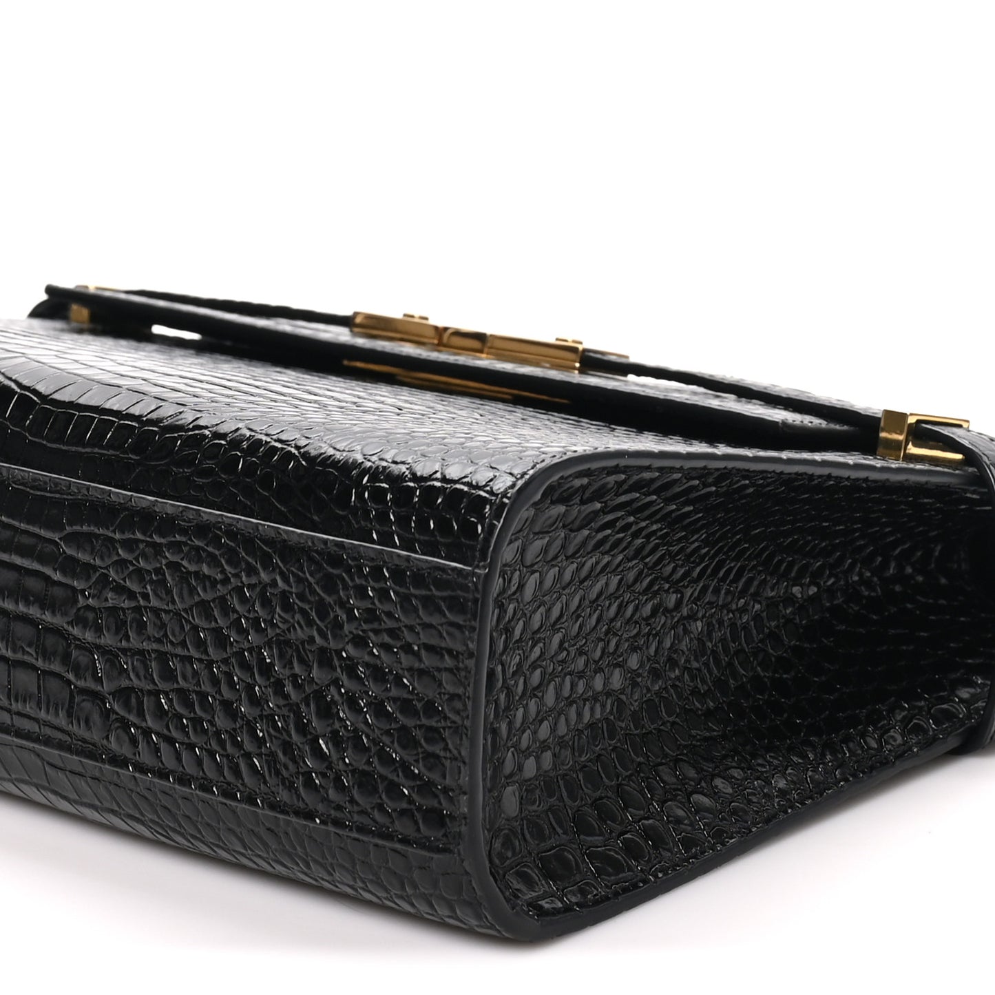 Shiny Calfskin Crocodile Embossed Manhattan Baguette Black