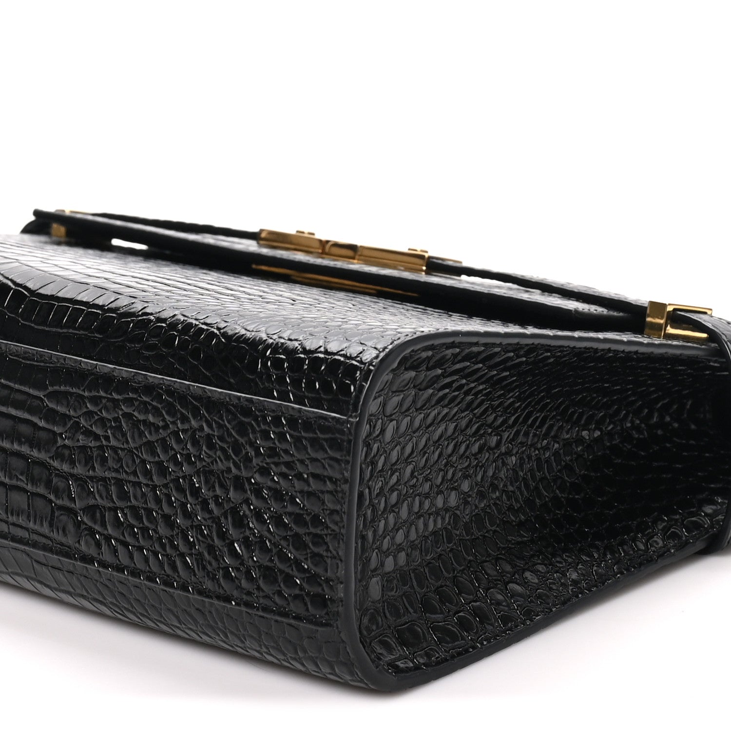 Saint Laurent Shiny Calfskin Crocodile Embossed Manhattan Baguette Black 9 of 9
