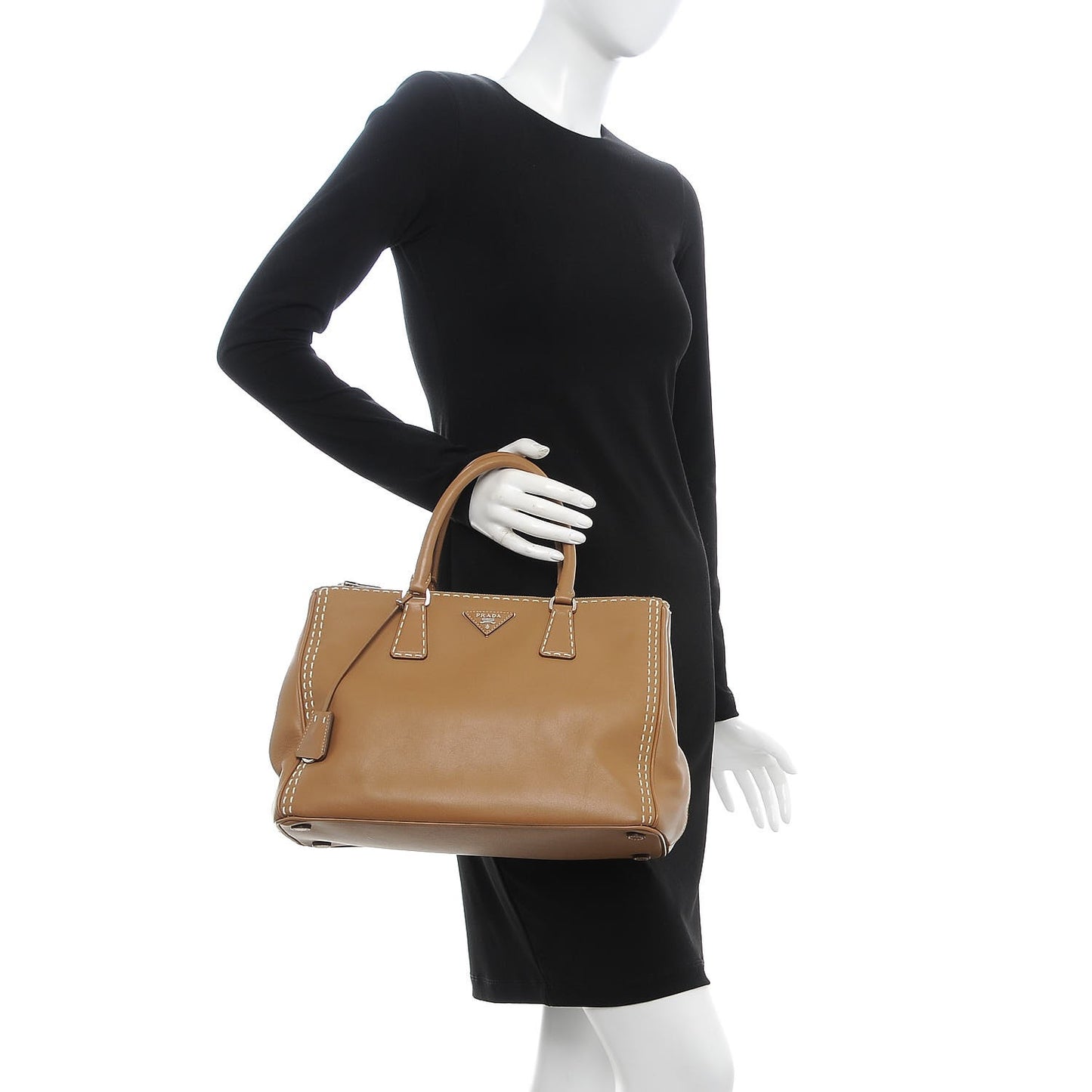 City Calf Hand Stitched Medium Galleria Double Zip Tote Caramel