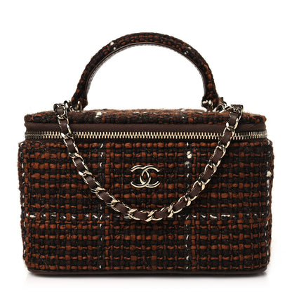 Chanel Tweed Small Top Handle Vanity Case With Chain Brown