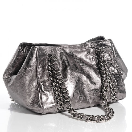 Metallic Cracked Calfskin Modern Chain Tote Dark Silver