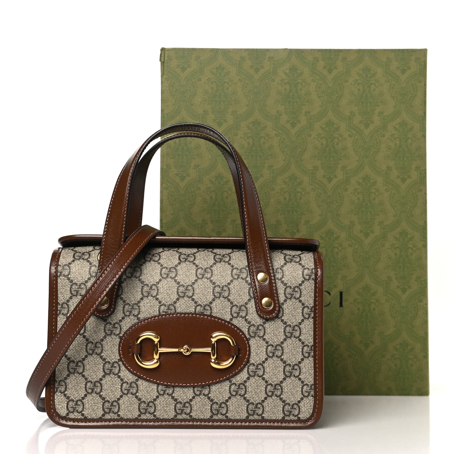 GG Supreme Monogram Azalea Calfskin Mini Horsebit 1955 Foldover Top Handle Bag Beige Ebony Brown Sugar