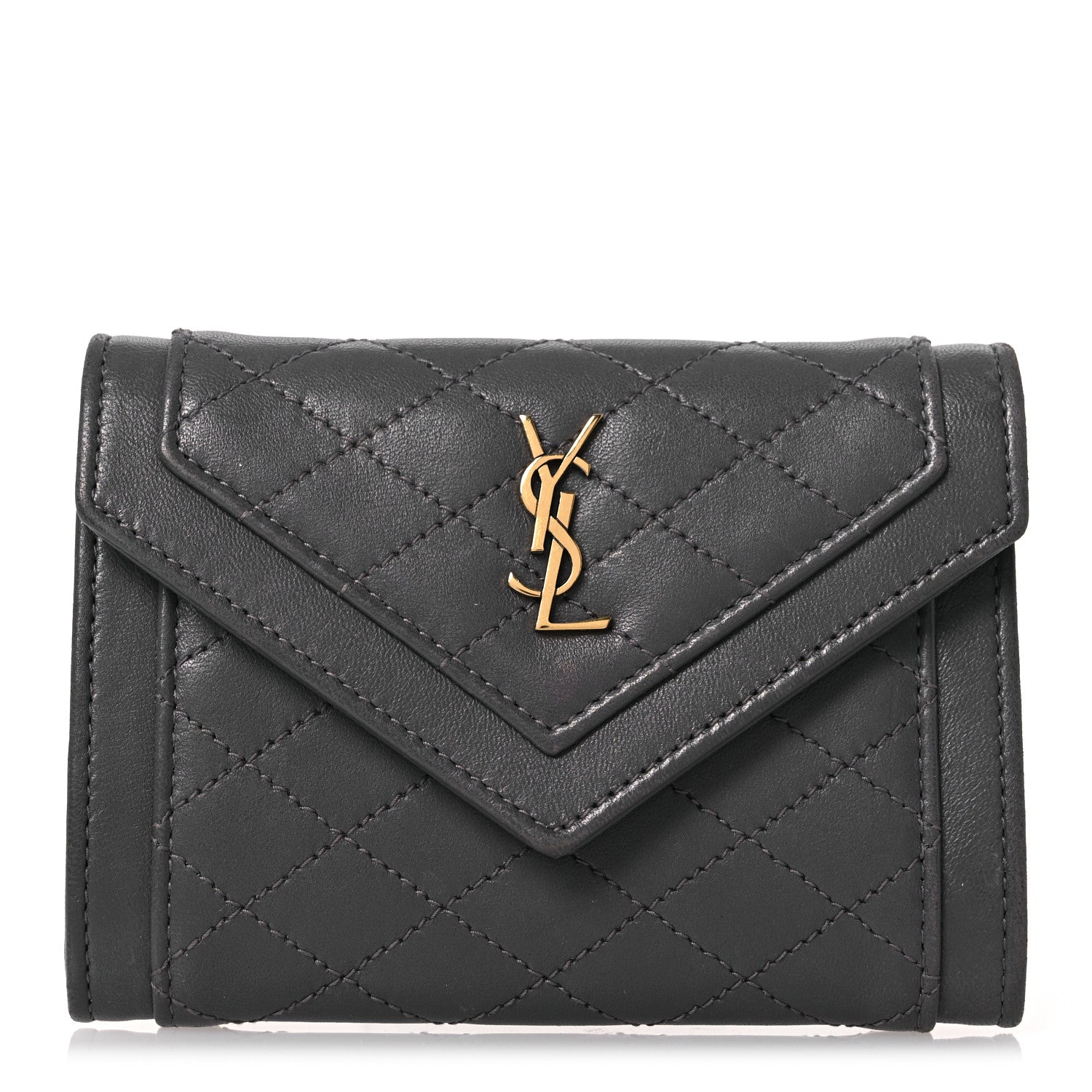 Saint Laurent Lambskin Quilted Monogram Gaby Small Envelope Wallet Fog 1 of 15