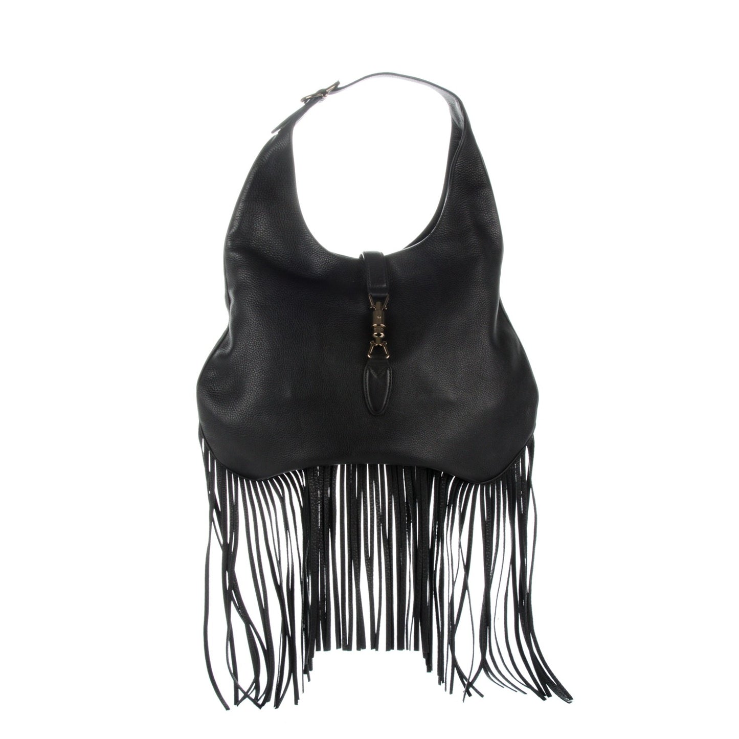 Grained Calfskin Large New Jackie Nouveau Fringe Hobo Black