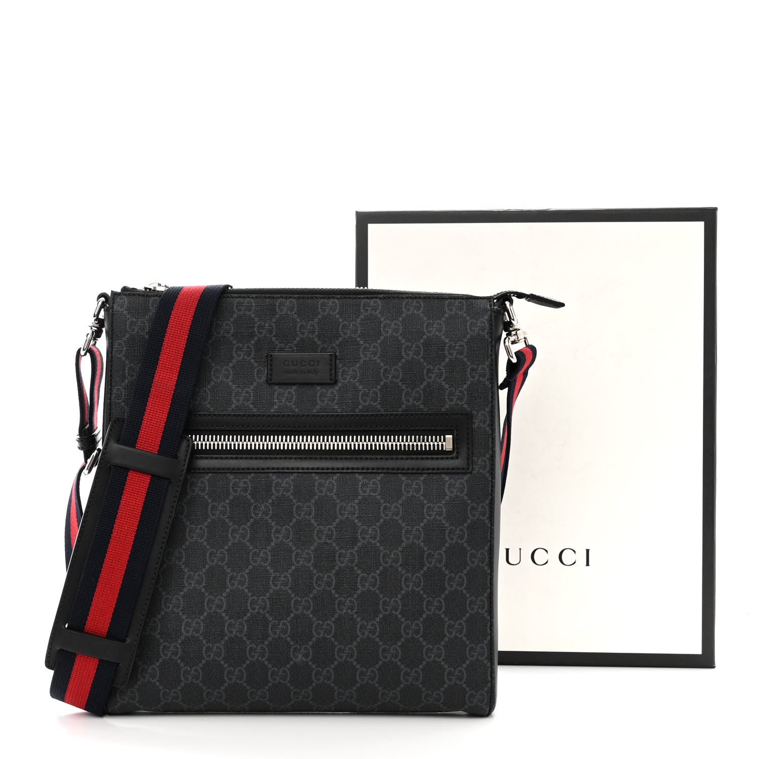Gucci GG Supreme Monogram Appia Calfskin Web Flat Messenger Bag Black Grey 11 of 11
