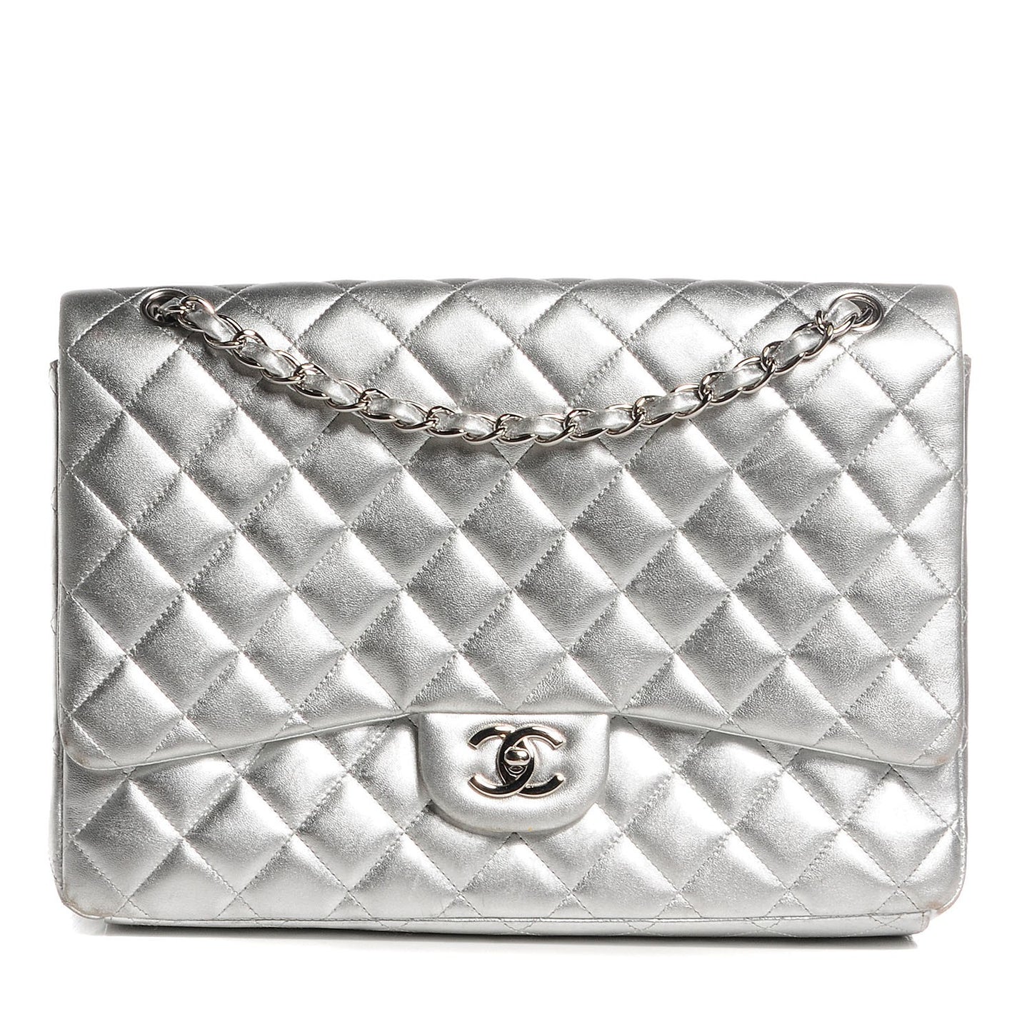 Metallic Lambskin Quilted Maxi Single Flap Silver