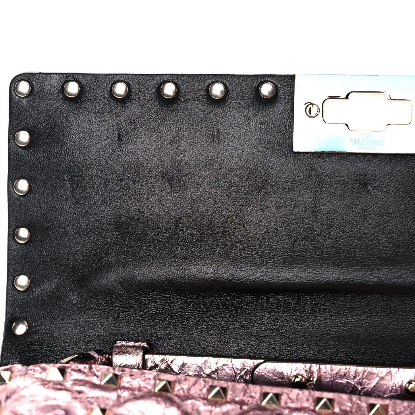 Metallic Wrinkled Lambskin Rockstud Spike Wallet on Chain Lipstick
