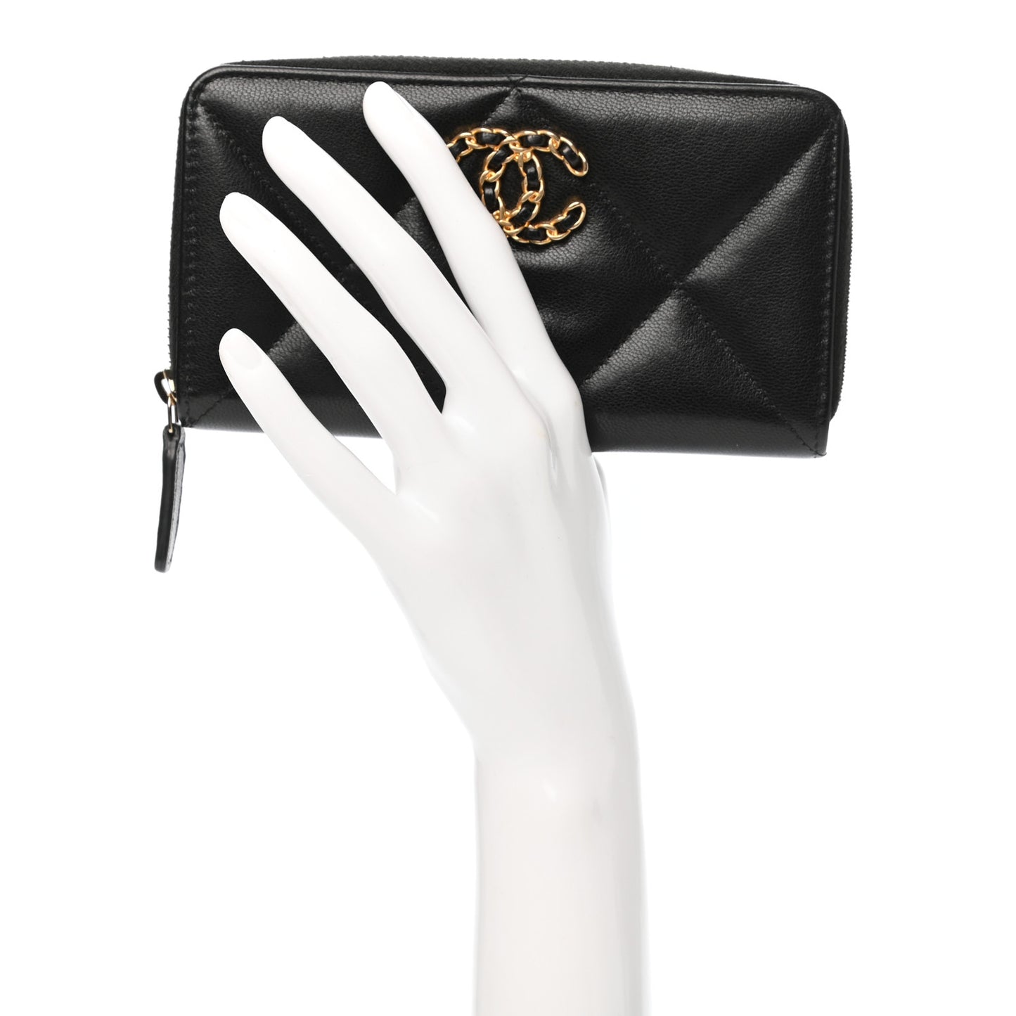 Shiny Goatskin Quilted Chanel 19 Long Zipped Around Wallet Black