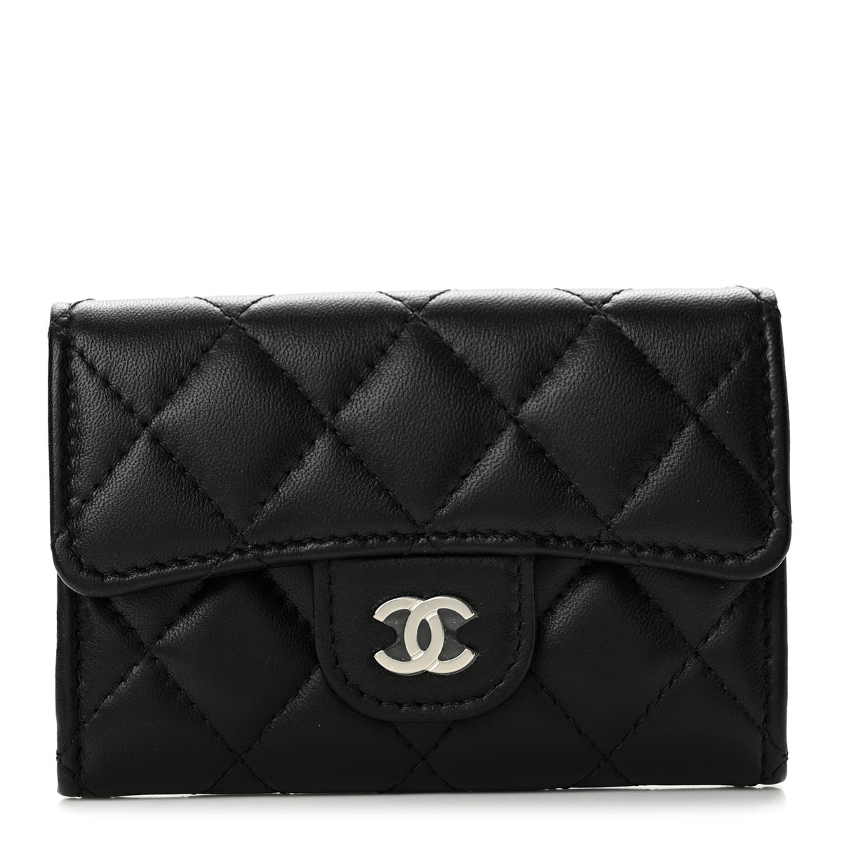 Lambskin Quilted Flap Card Holder Wallet Black