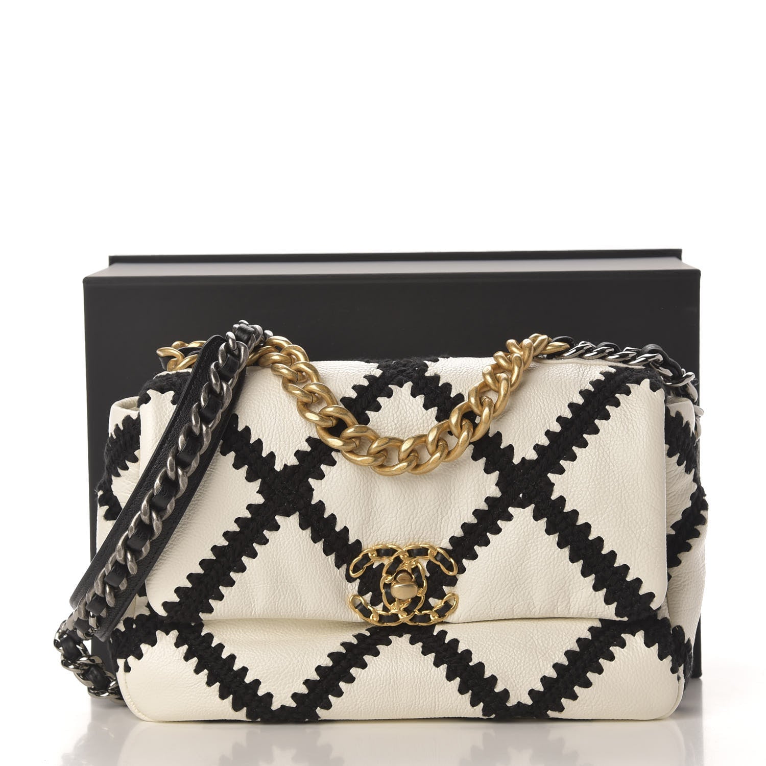 Chanel Calfskin Crochet Medium 19 Flap White Black 11 of 11