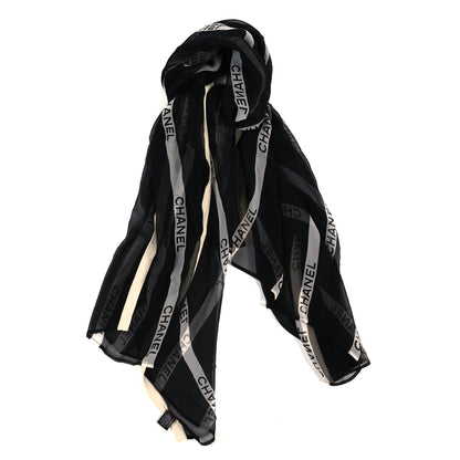 Chanel Silk Cotton Cashmere Scarf Shawl Black White 1 of 3