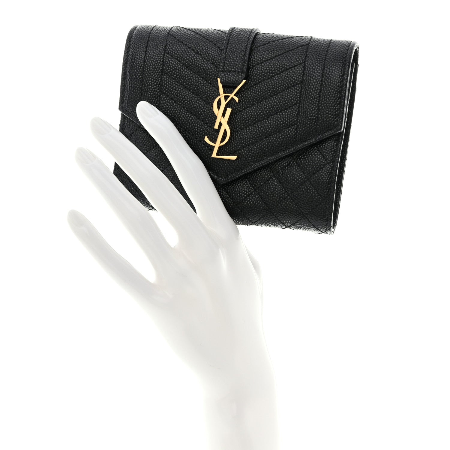 Saint Laurent Grain De Poudre Mixed Matelasse Triquilt Monogram Compact Tri Fold Wallet Black 2 of 10