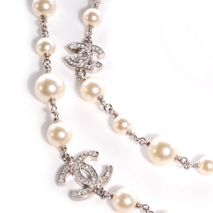 Chanel Crystal Pearl CC Long Necklace Silver 4 of 6