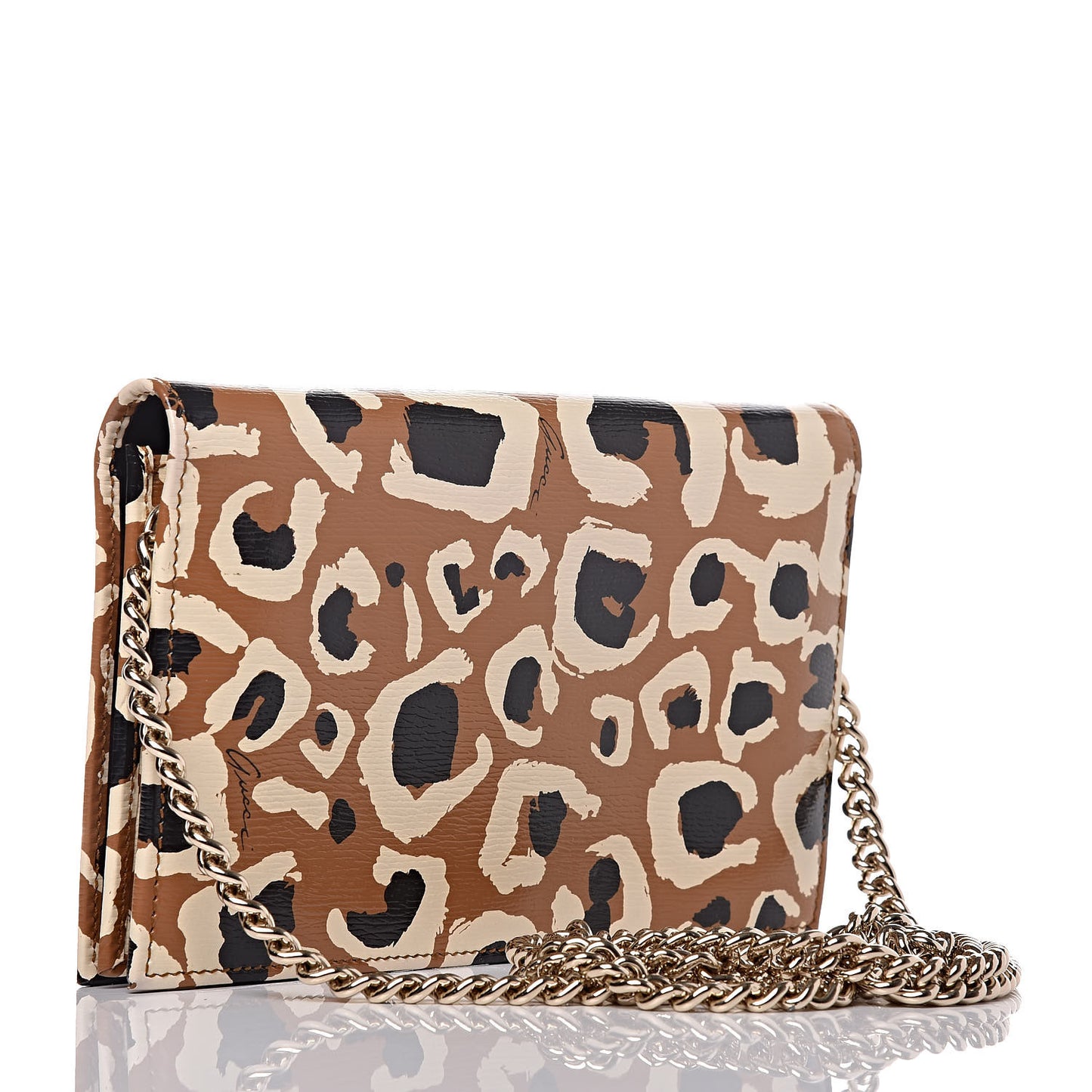 Patent Leopard Print Betty Chain Wallet Tobacco Black