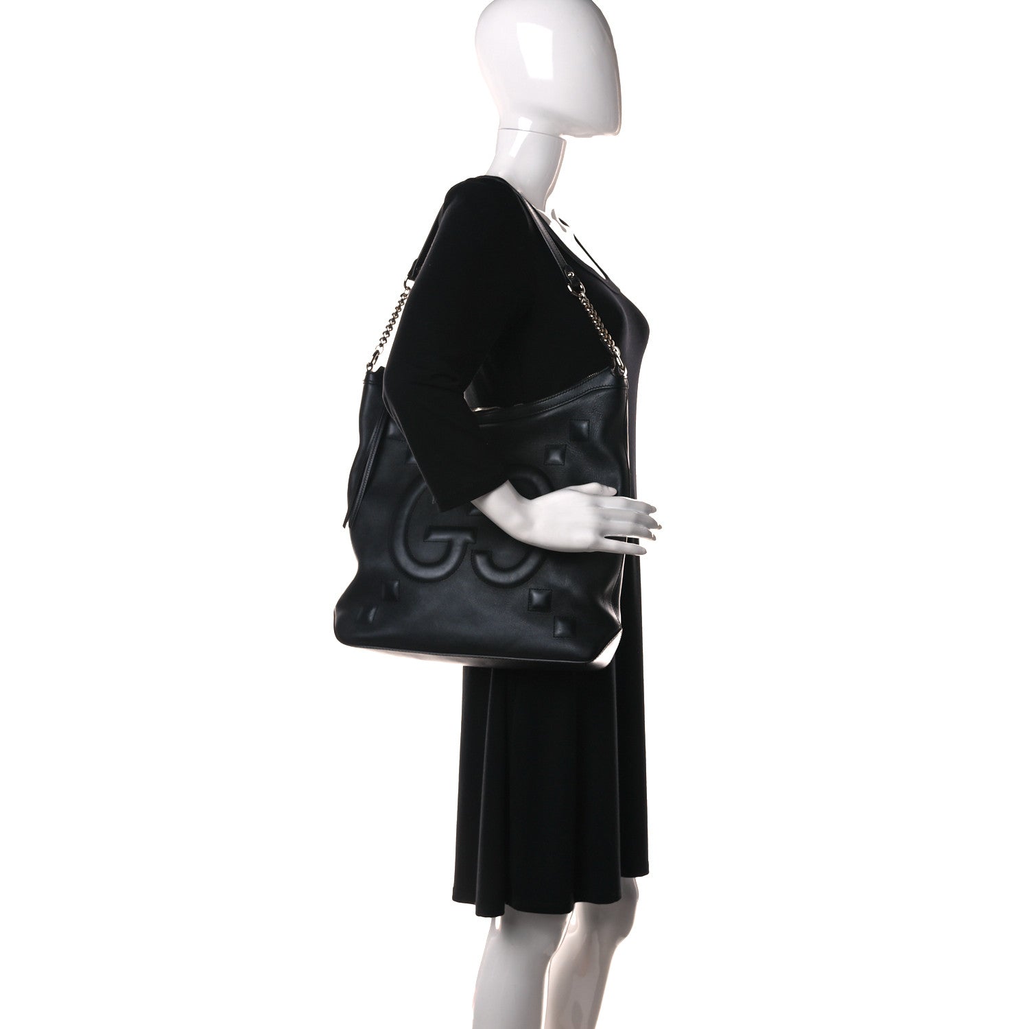 Gucci Apollo Calfskin GG Dadini Embroidered Chain Hobo Black 2 of 13