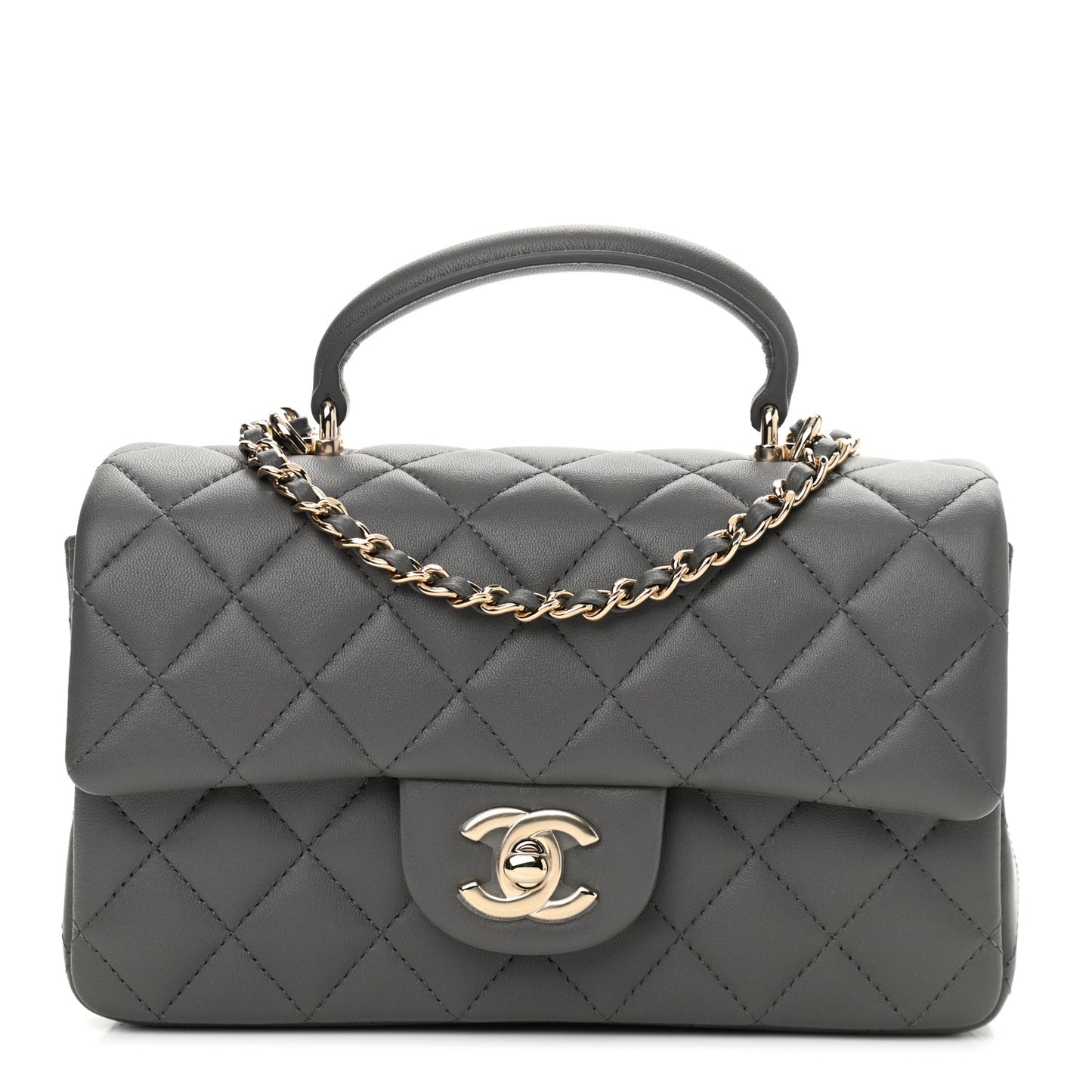 Lambskin Quilted Mini Top Handle Rectangular Flap Dark Grey