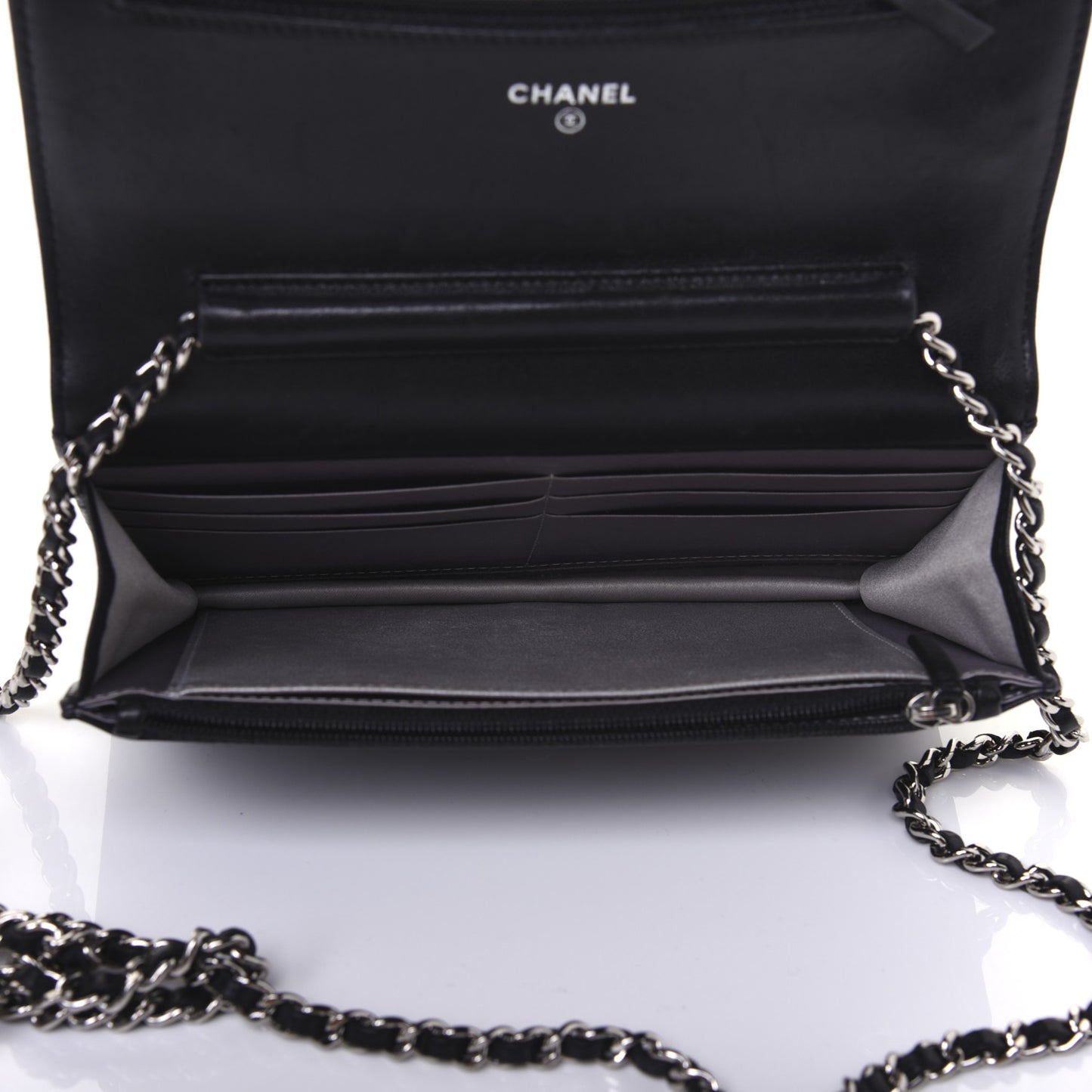 Lambskin Camellia Embossed Wallet on Chain WOC Black
