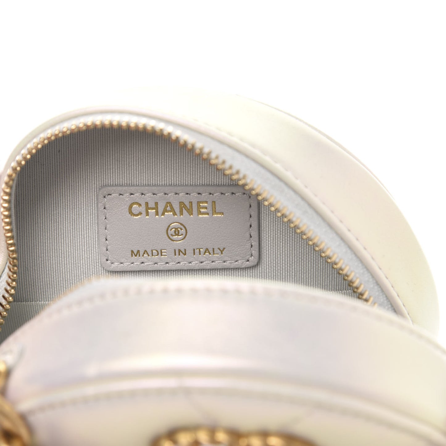 Iridescent Calfskin Quilted 19 Round Clutch With Chain White
