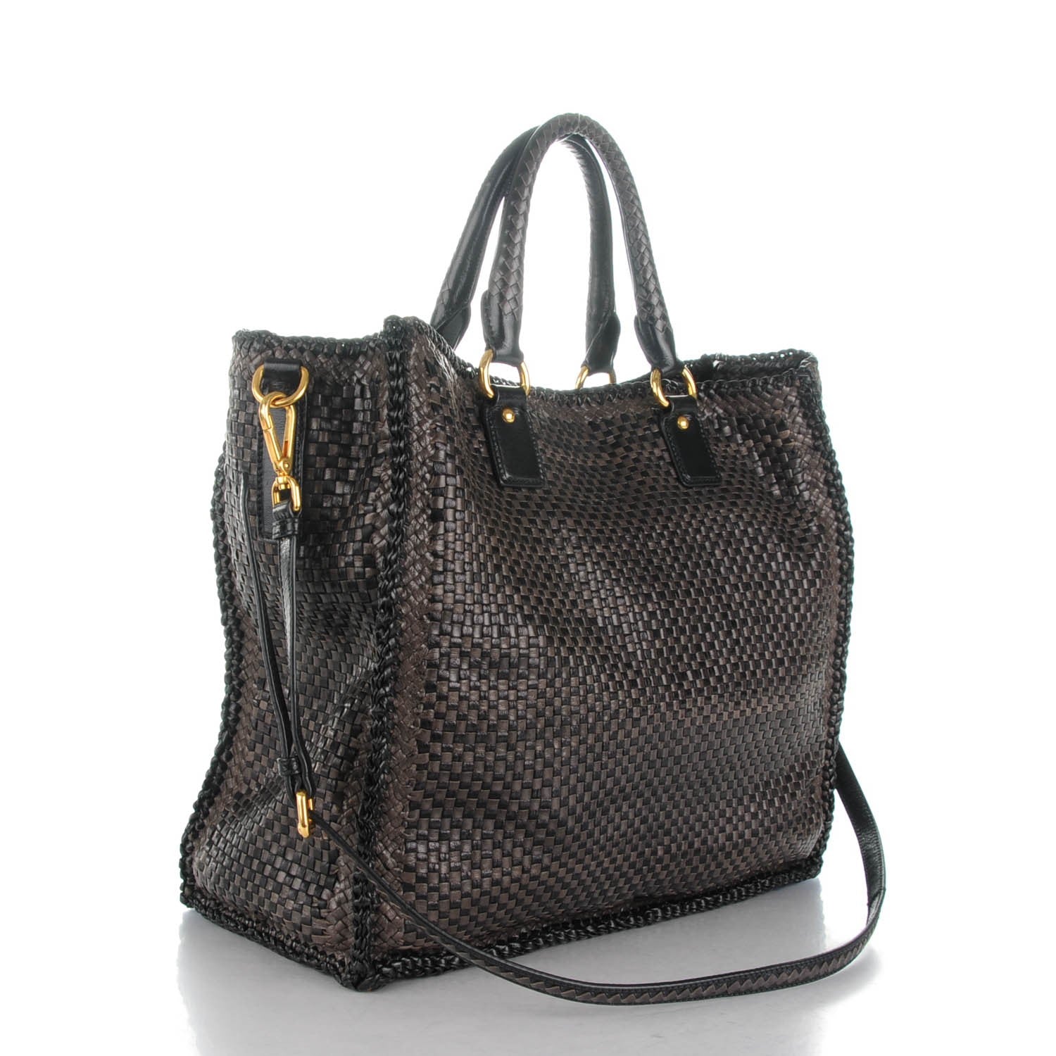 Prada Goatskin Woven Large Tote Moro Black 3 of 7