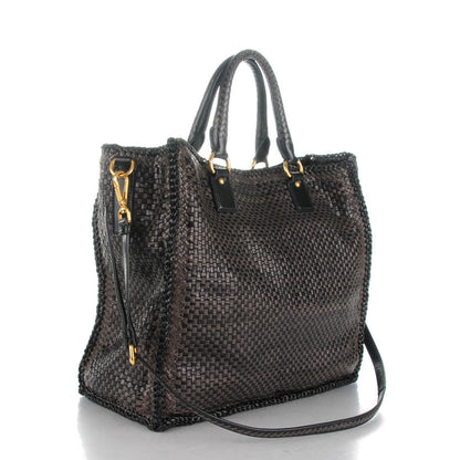 Prada Goatskin Woven Large Tote Moro Black 3 of 7
