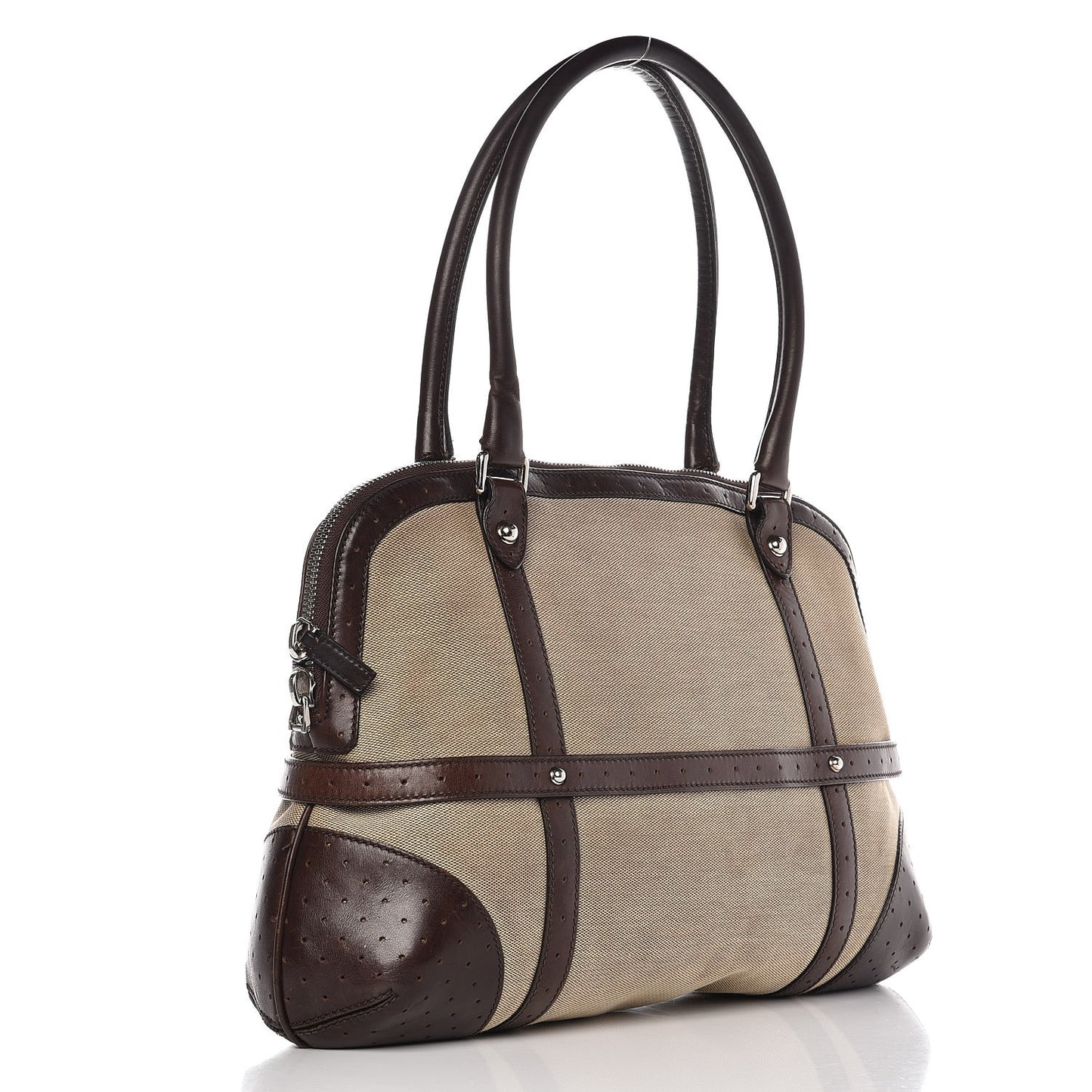 Canvas Calfskin Web GG Reins Zip Up Tote Bag Tan Brown