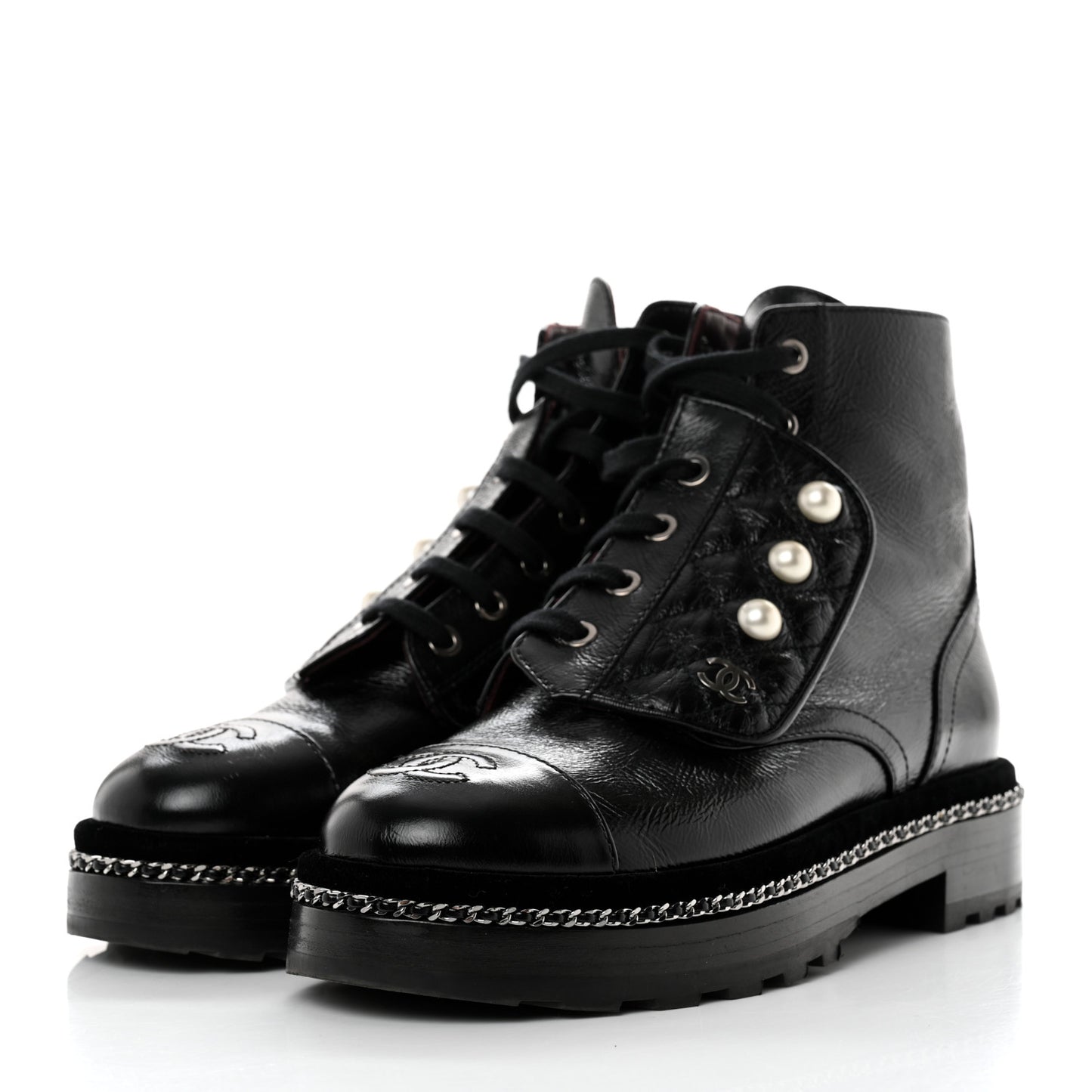Crackled Calfskin Velvet Pearl Combat Short Boots 36 Black