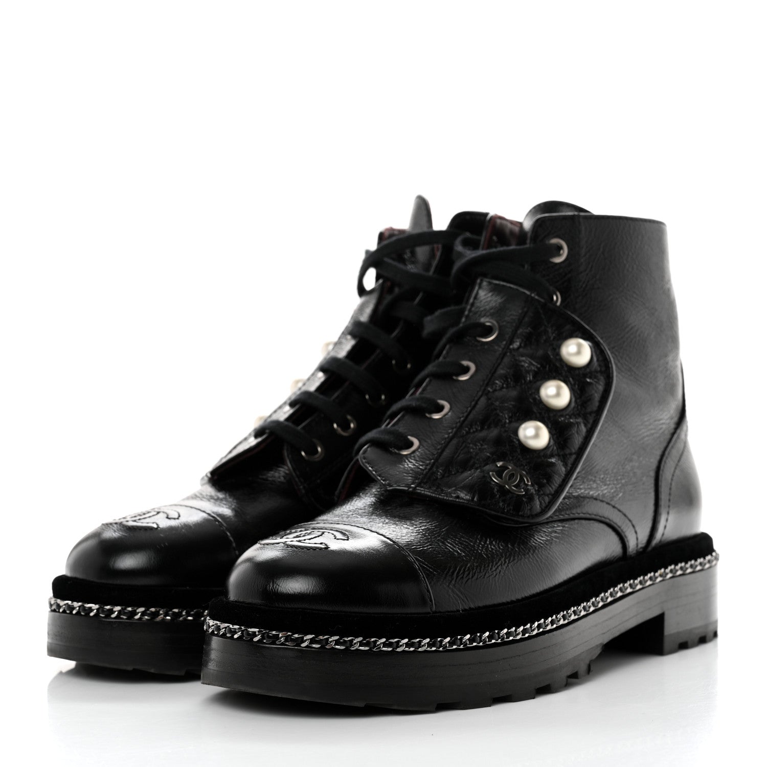 Chanel Crackled Calfskin Velvet Pearl Combat Short Boots 36 Black 3 of 8