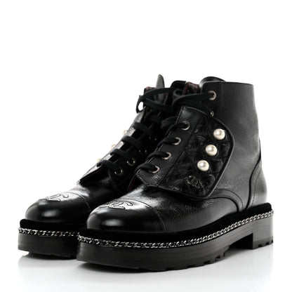 Chanel Crackled Calfskin Velvet Pearl Combat Short Boots 36 Black 3 of 8