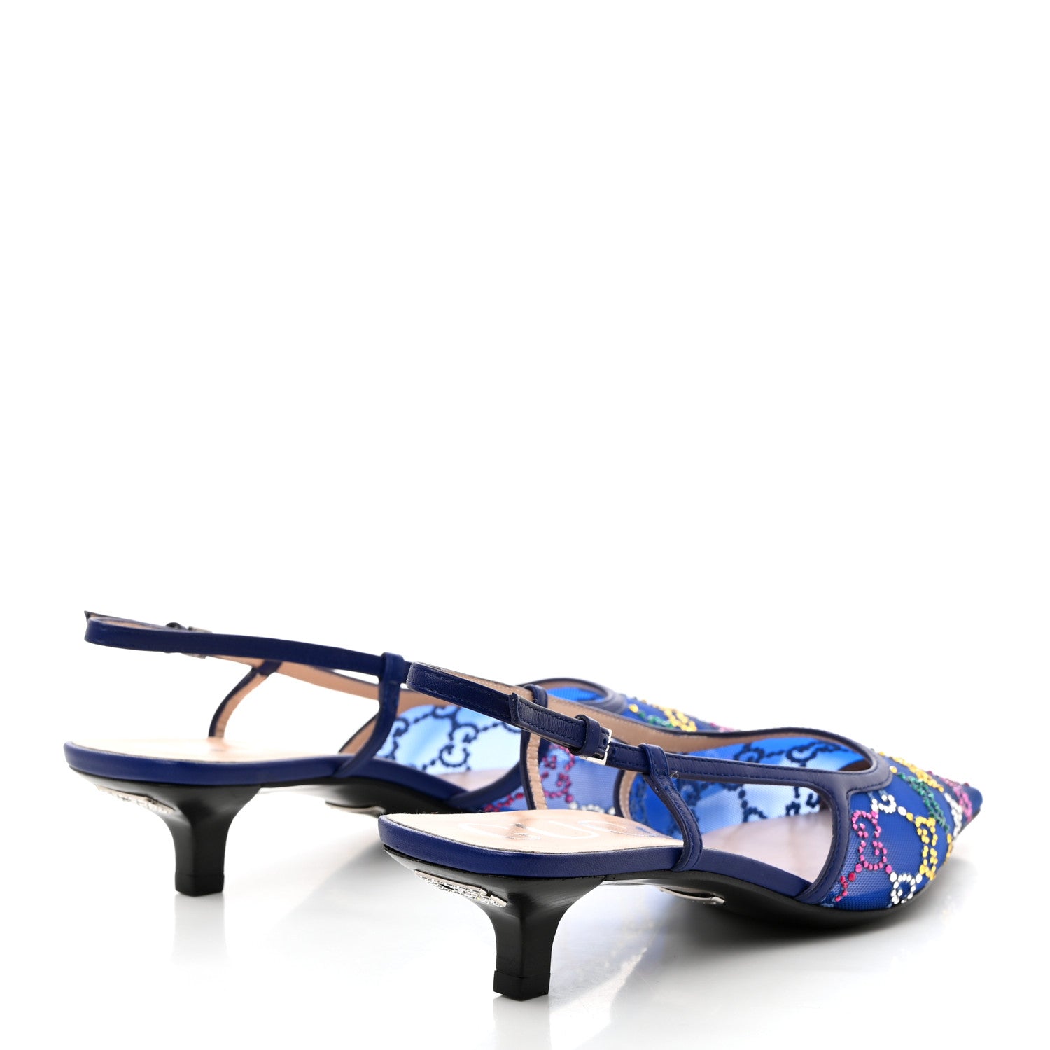 Gucci Tela Retino Nappa Charlotte Crystal GG Monogram Square G 35mm Slingback Pumps 38 Splash Net Blue Witch 4 of 8