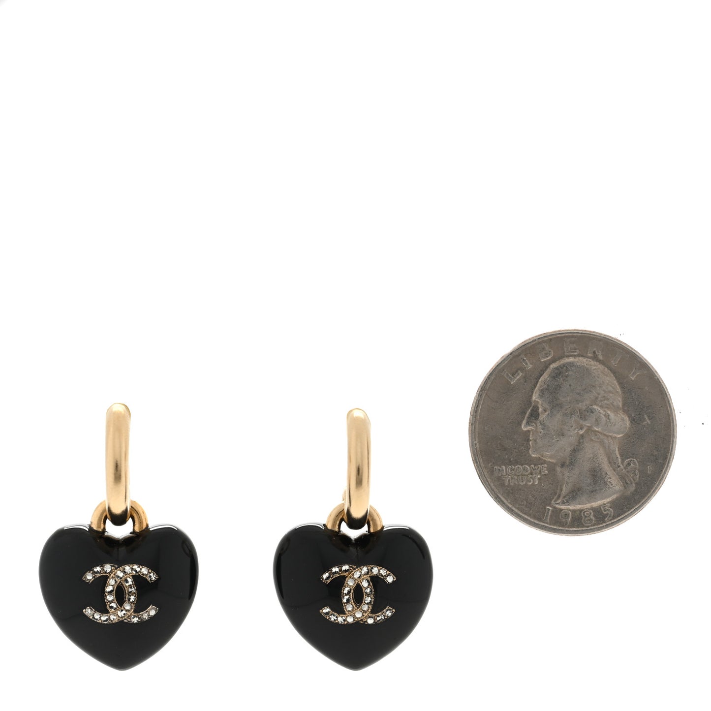Resin Crystal CC Heart Drop Earrings Black Gold