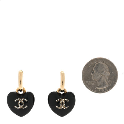 Chanel Resin Crystal CC Heart Drop Earrings Black Gold 2 of 4