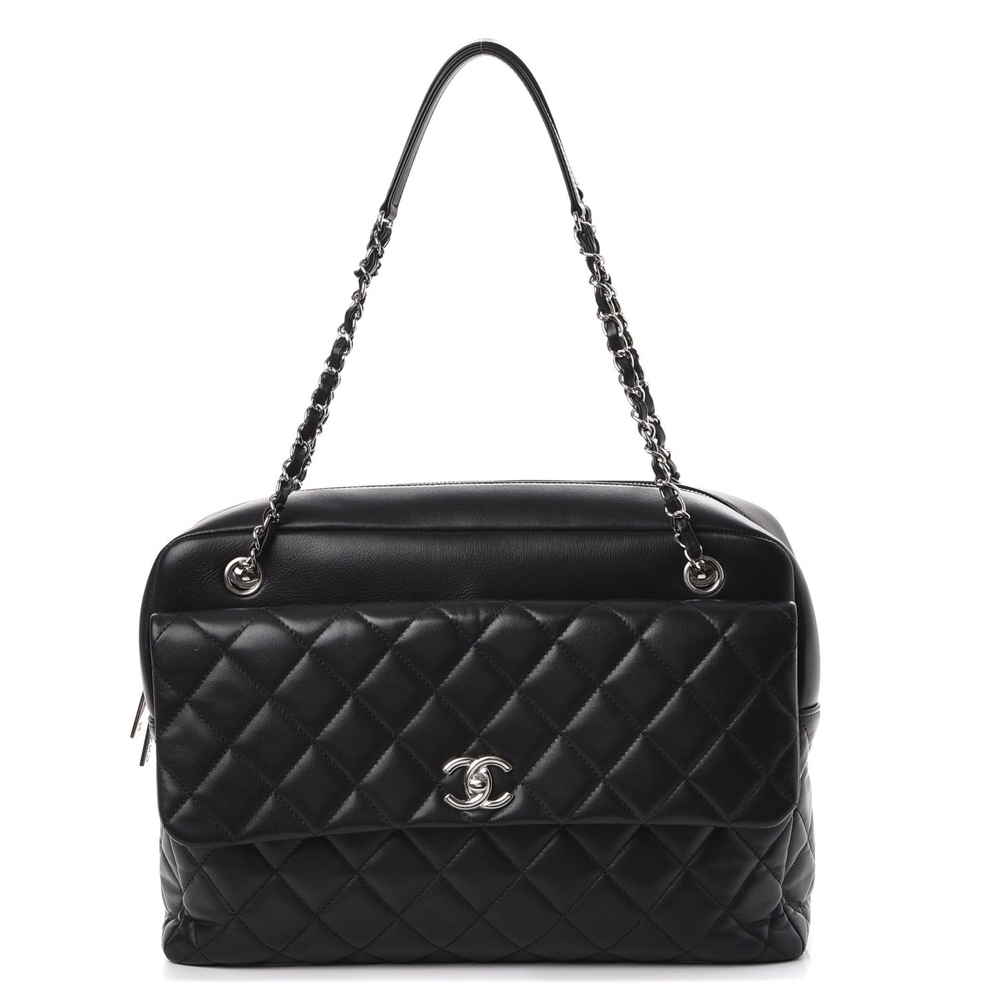 Lambskin Quilted Bowler Flap Shoulder Bag Black