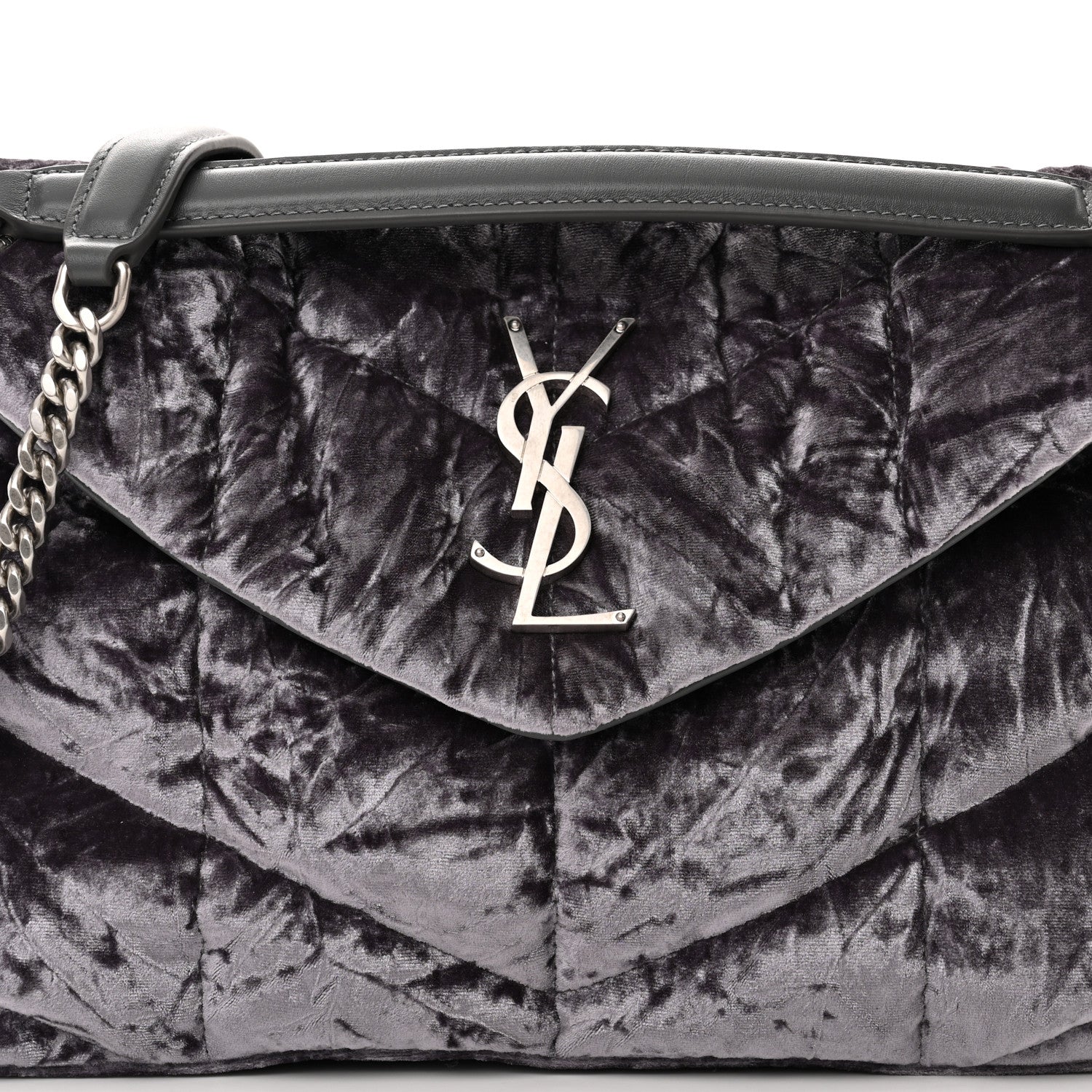 Saint Laurent Crushed Velvet Quilted Small Loulou Puffer Monogram Chain Satchel Cloud Grey 9 of 11