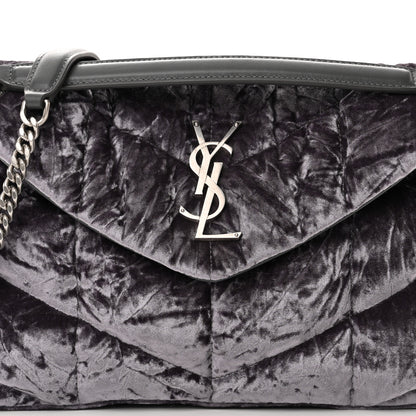 Saint Laurent Crushed Velvet Quilted Small Loulou Puffer Monogram Chain Satchel Cloud Grey 9 of 11