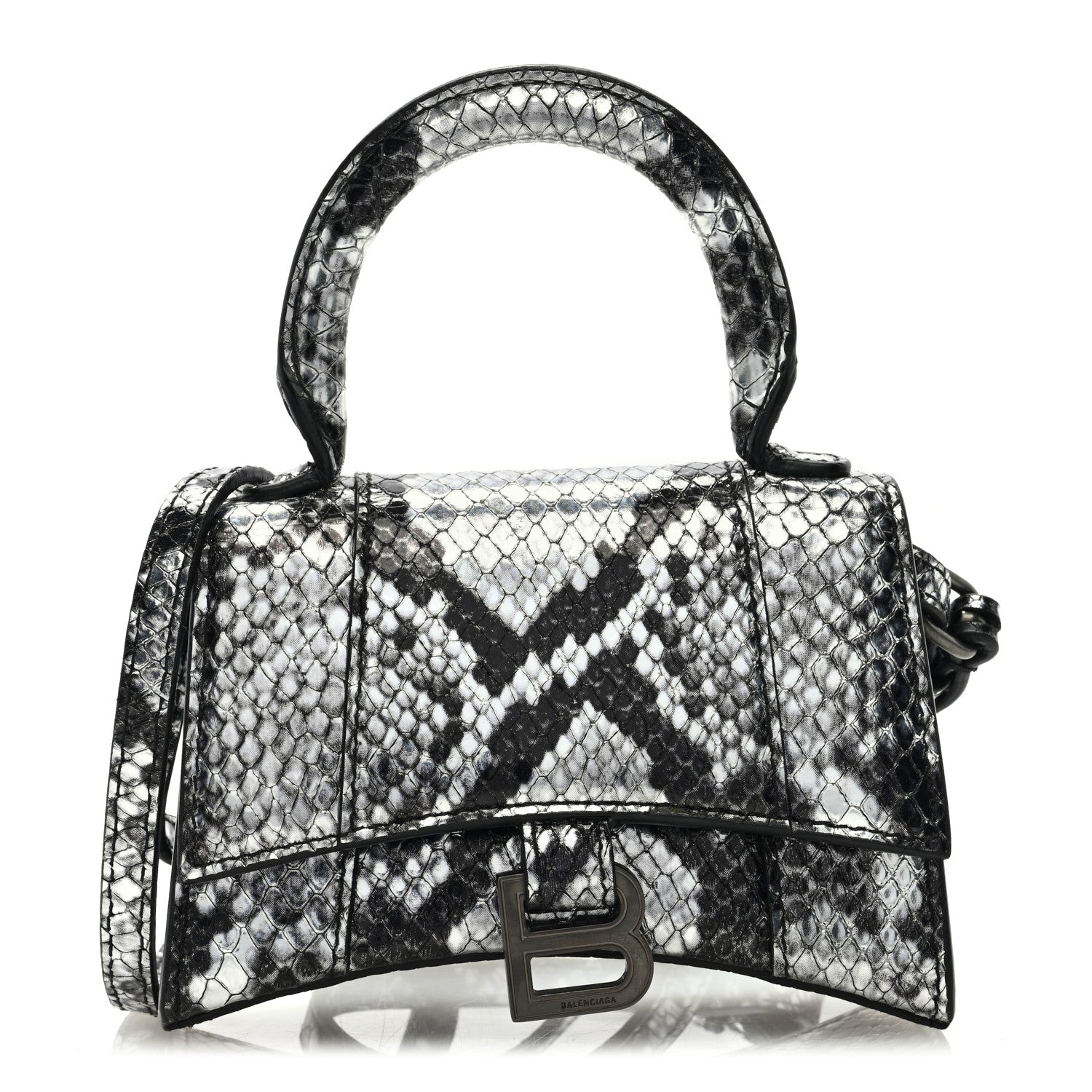Balenciaga Shiny Calfskin Python Effect Hourglass Top Handle Bag Mini Silver Black 1 of 7