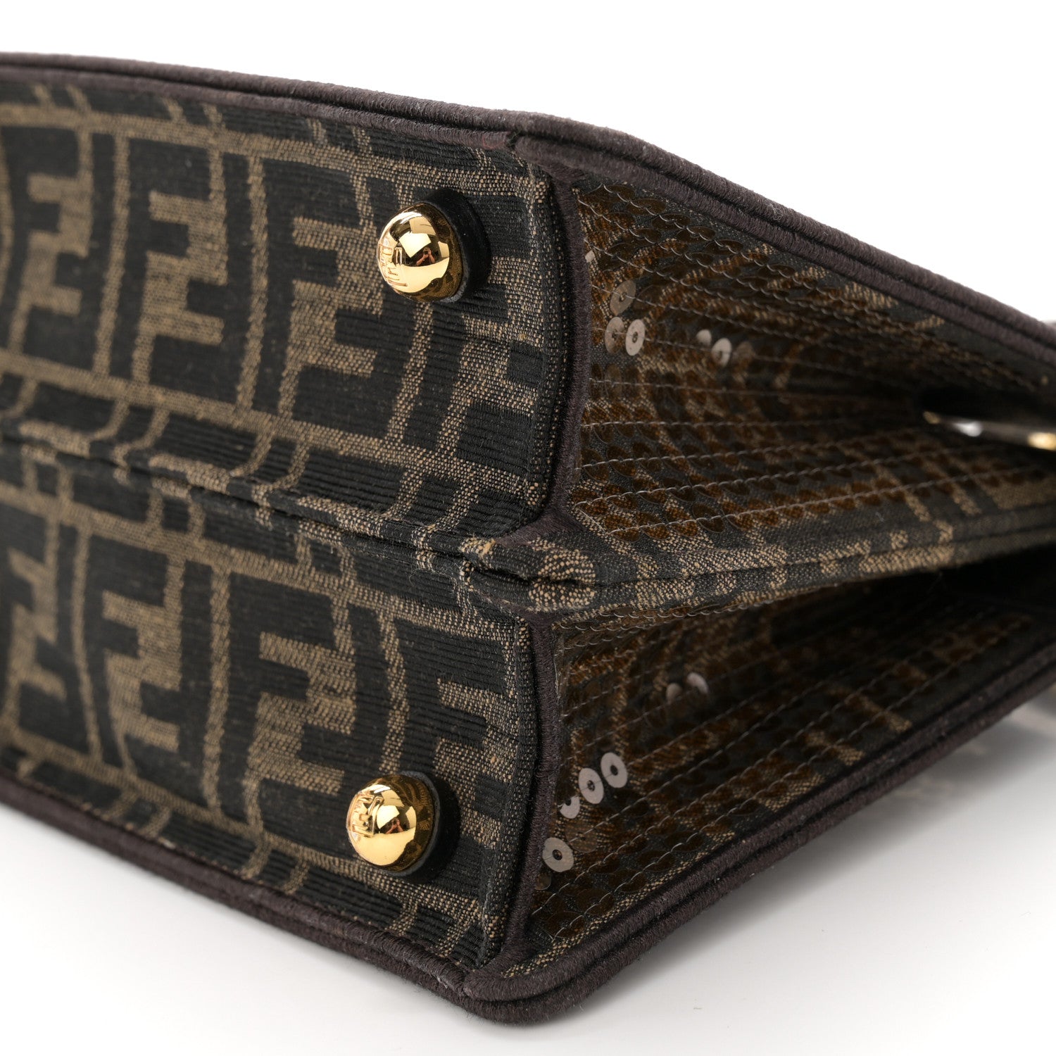 Fendi Fabric Jacquard Paillettes Vitello Seta FF 1974 Petite Peekaboo I SEE U Satchel Tobacco Moro 11 of 12