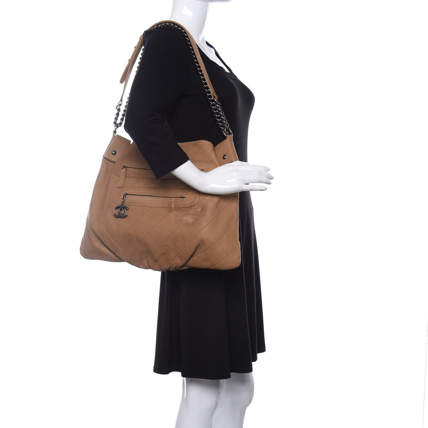 Calfskin Stitched Double Zip Hobo Beige