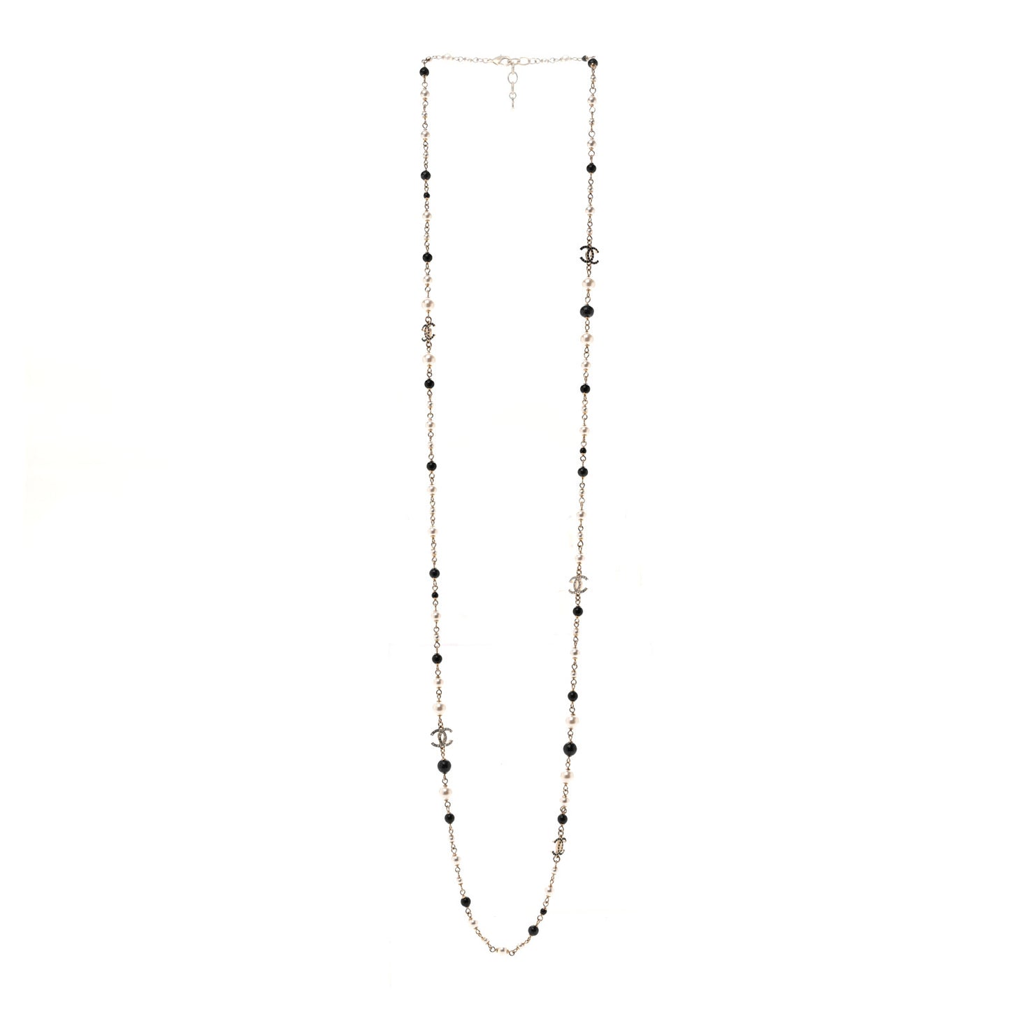 Pearl Bead Crystal CC Long Necklace Black Gold
