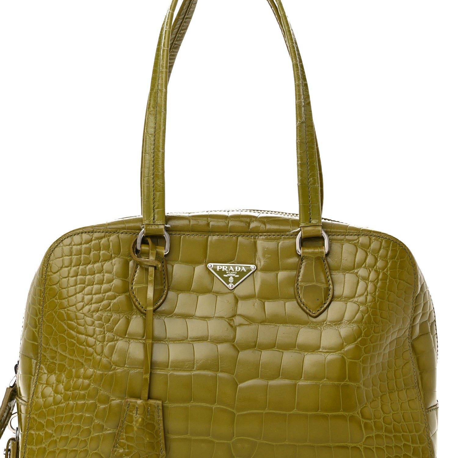 Prada Calfskin Embossed Crocodile Bauletto Bag Green 7 of 22