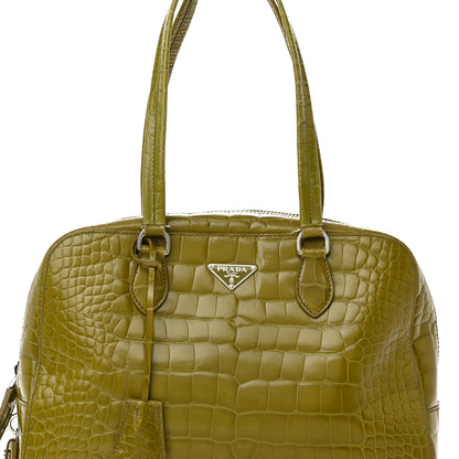 Prada Calfskin Embossed Crocodile Bauletto Bag Green 7 of 22