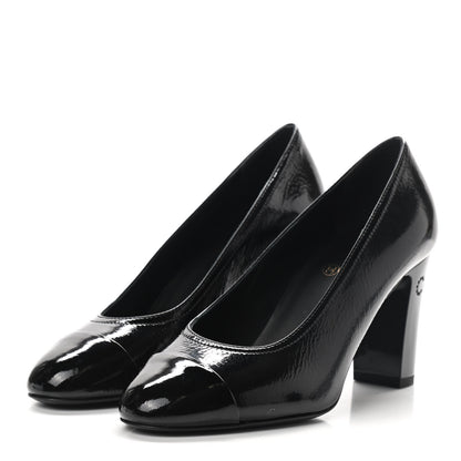 Chanel Patent Calfskin Crystal Cap Toe Logo Pumps 37 Black 6 of 14