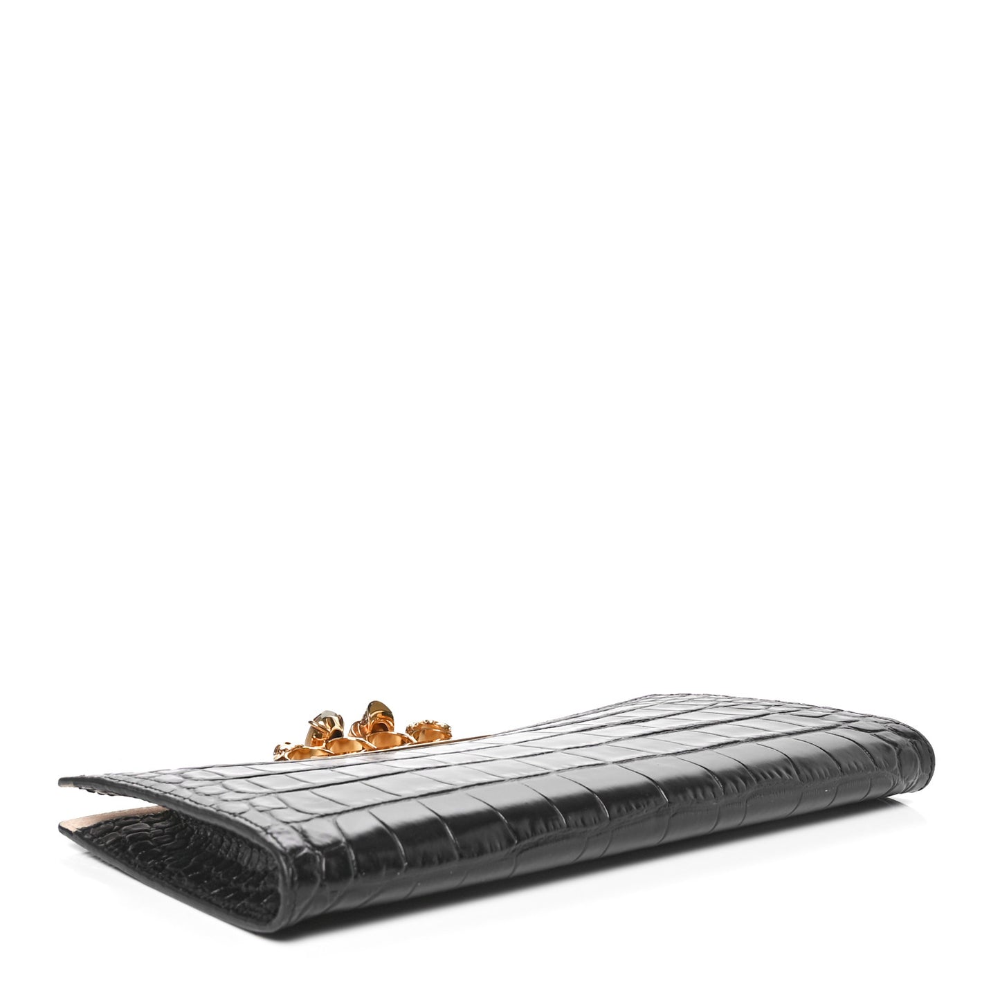 Calfskin Crocodile Embossed Knuckle Flat Clutch Black Gold