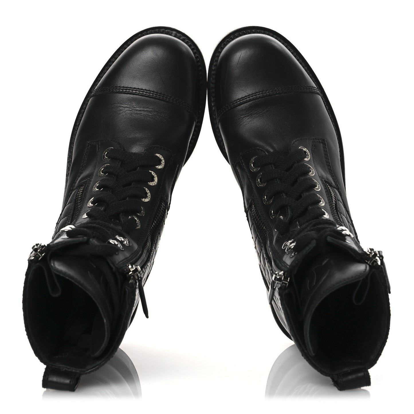 Calfskin Quilted Lace Up Combat Boots 37 Black