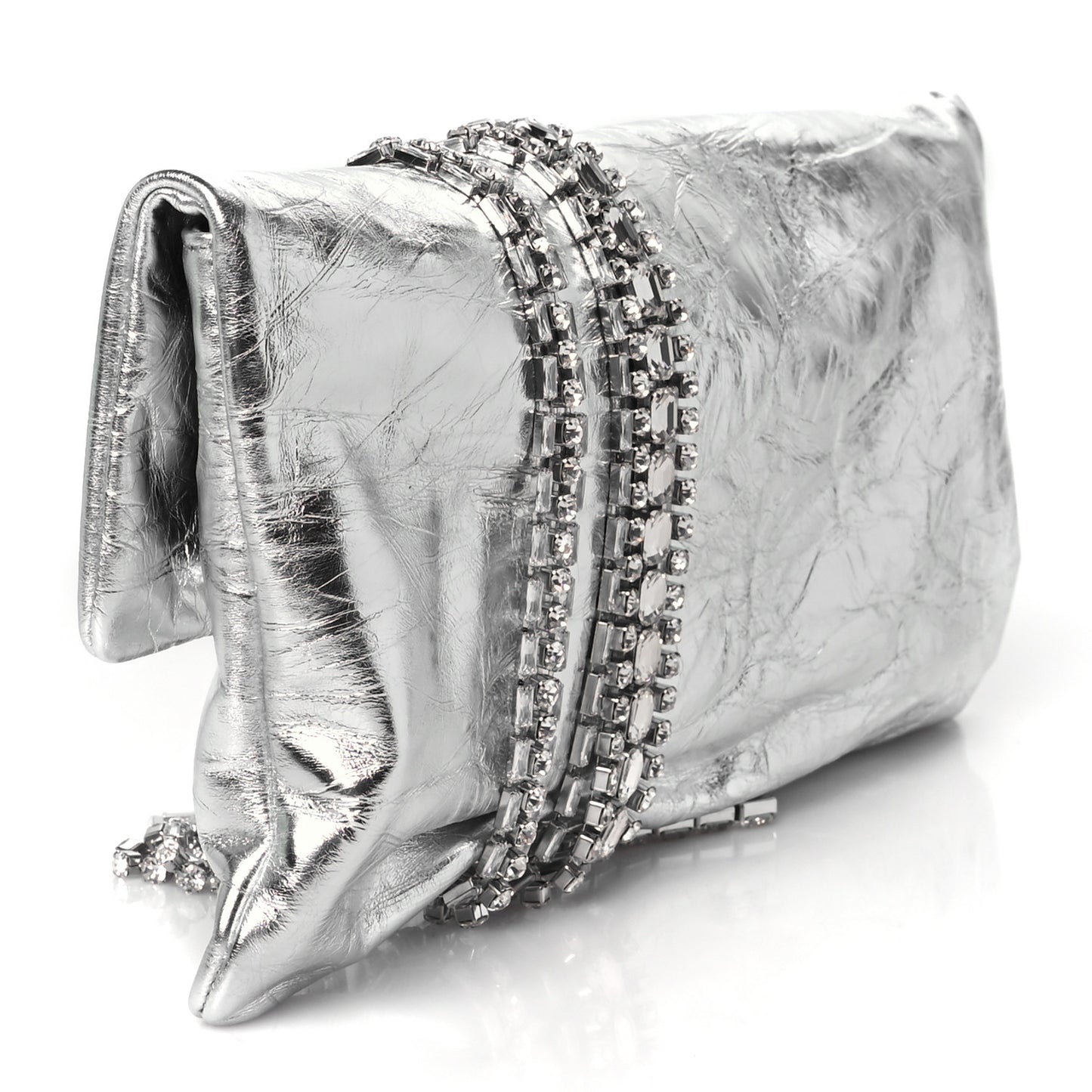 Vintage Metallic Calfskin Crystal Zandra Clutch Bag Silver
