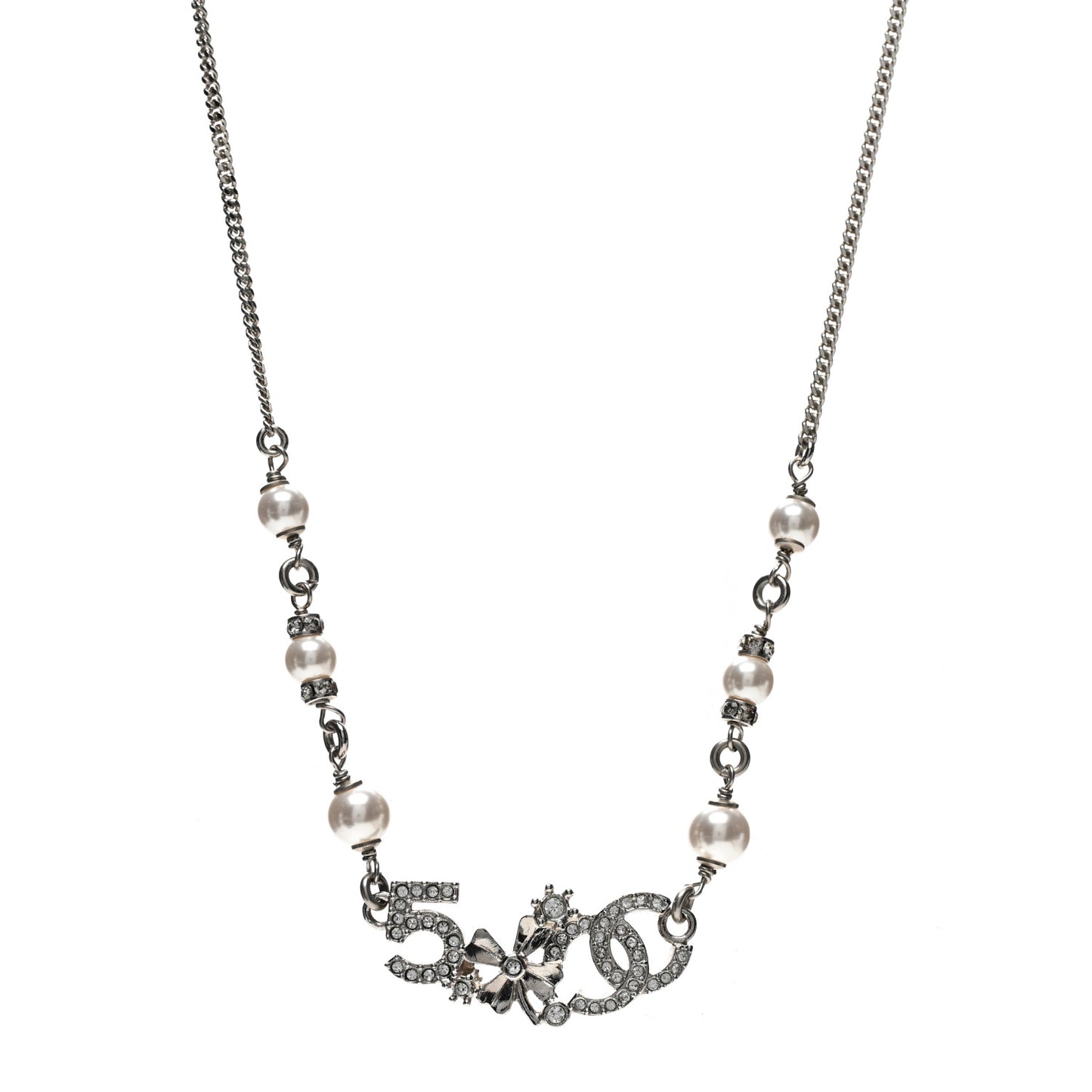 Crystal Pearl Star 5 CC Necklace Silver
