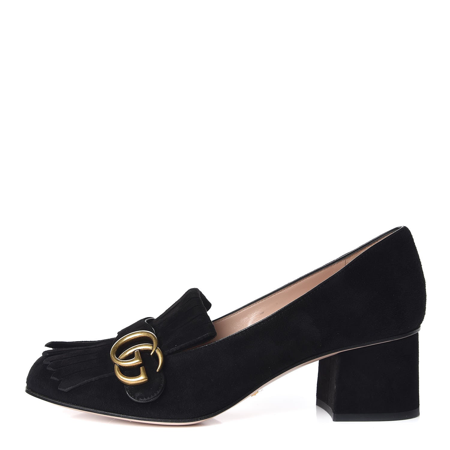 Gucci Kid Scamosciato GG Marmont Fringe 50mm Loafer Pumps 39 Black 1 of 8