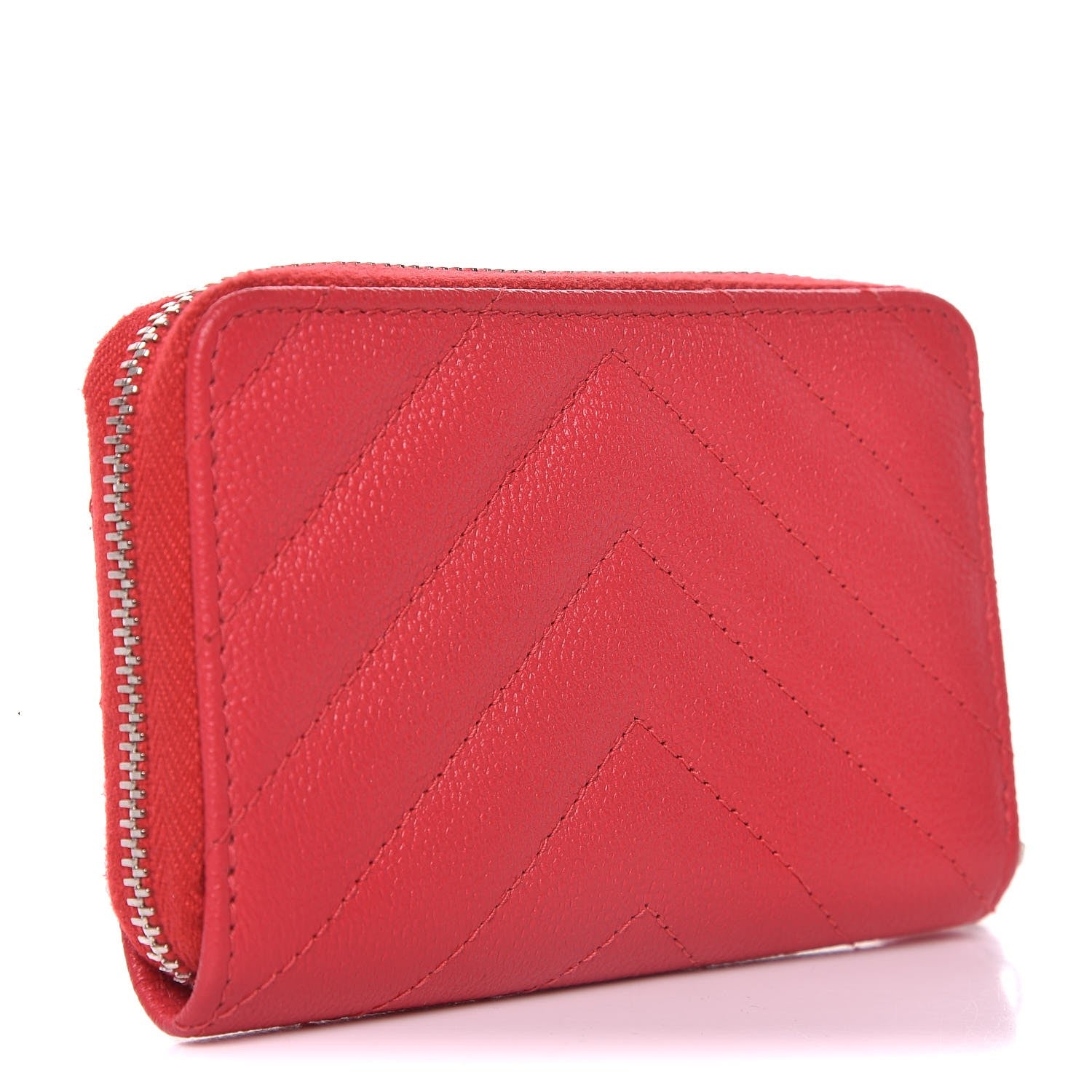 Chanel Caviar Chevron Quilted Zip Coin Purse Light Red 3 of 7