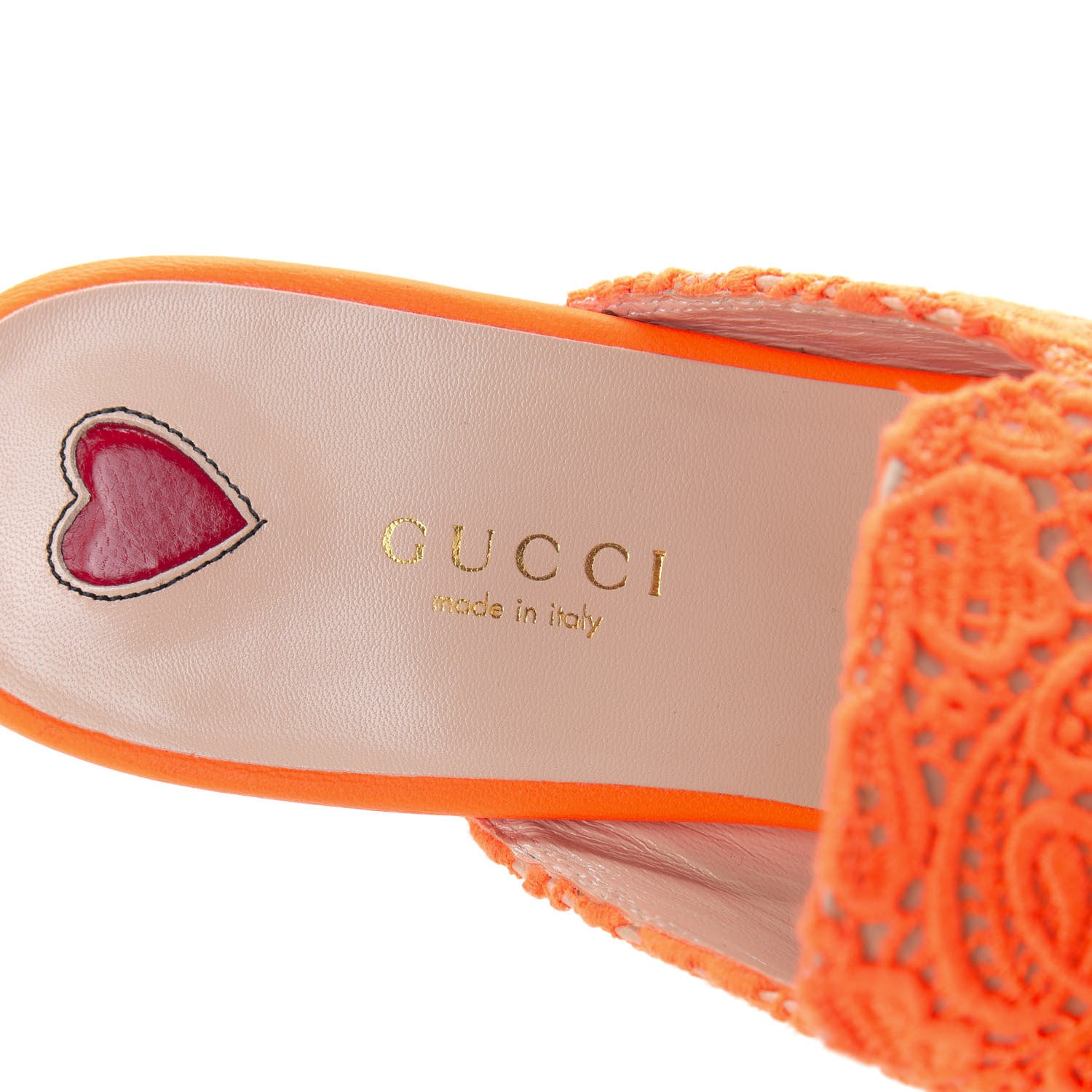 Gucci Lace Malaga Kid Womens Princetown Slippers 37.5 Orange Fluo Skin Rose 7 of 9