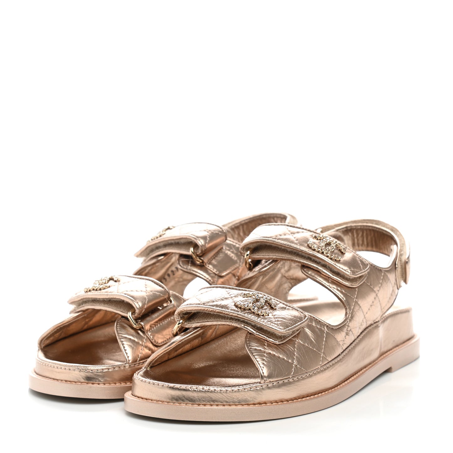 Iridescent Lambskin Quilted CC Dad Sandals 37 Light Bronze